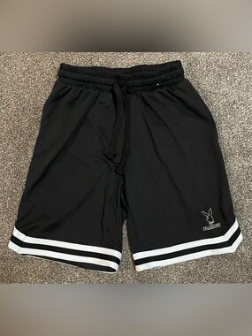 PLAYBOY Black Athletic Shorts with White Hem Stripes